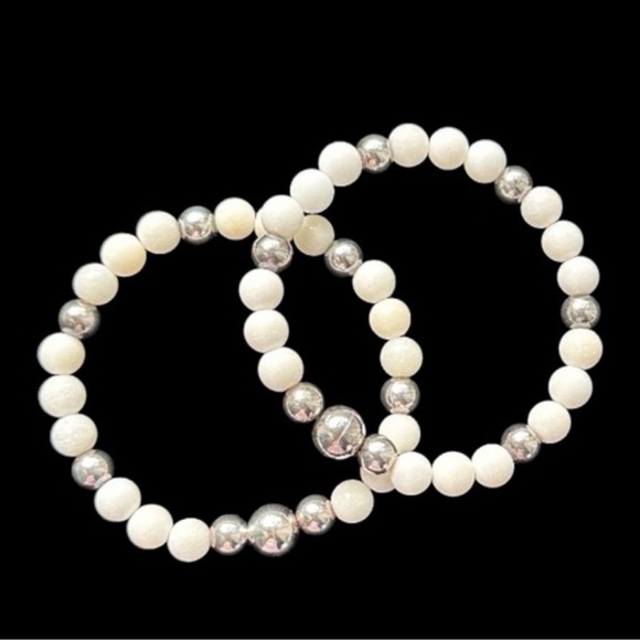 Set of 2 Milor Italy Sterling Silver White Agate Beaded Bracelets - Picture 5 of 5